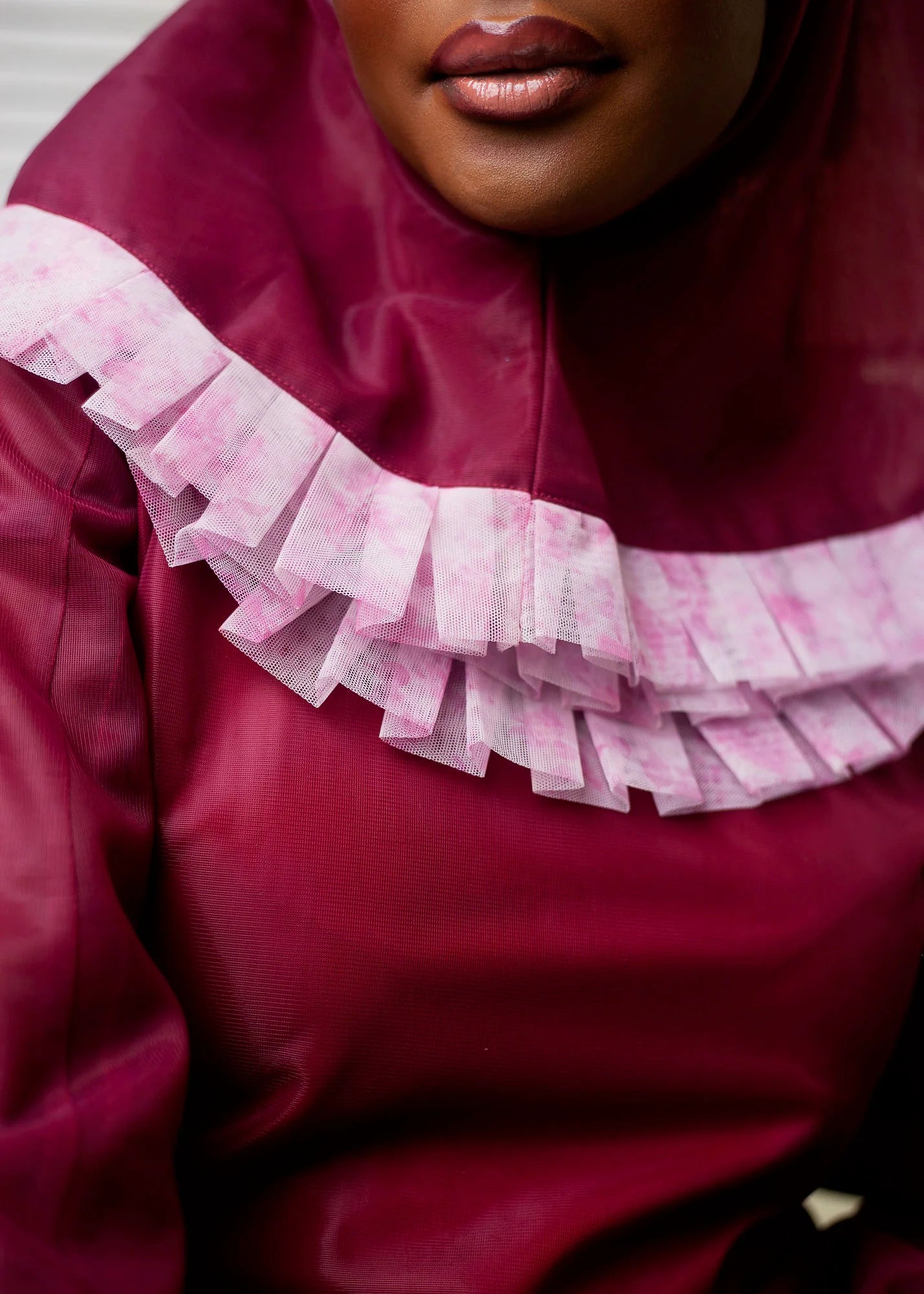 Iman Dress - Wine Tulle Modest Dress with Hijab - Dimaz