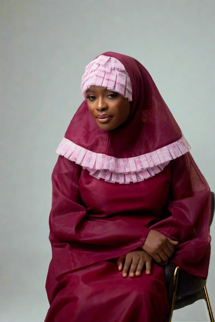 Iman Dress - Wine Tulle Modest Dress with Hijab - Dimaz