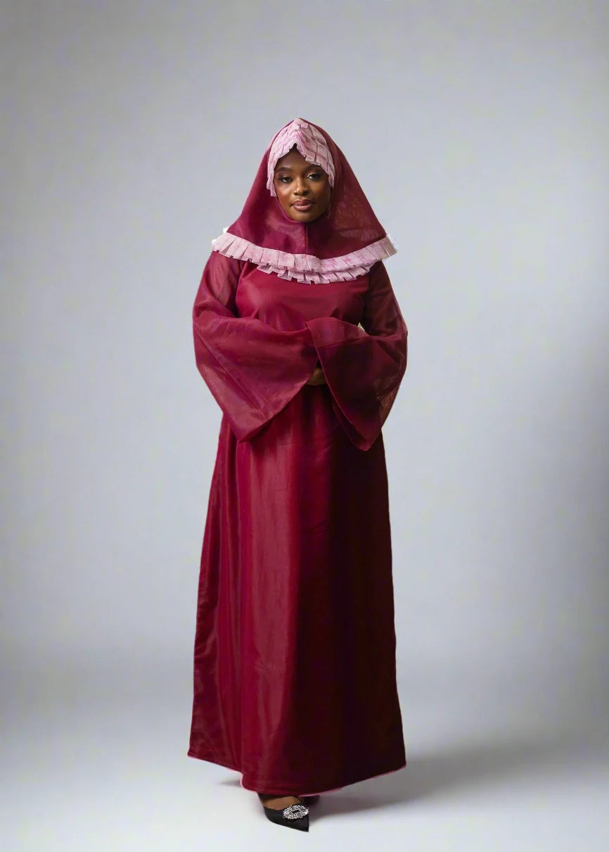 Iman Dress - Wine Tulle Modest Dress with Hijab - Dimaz