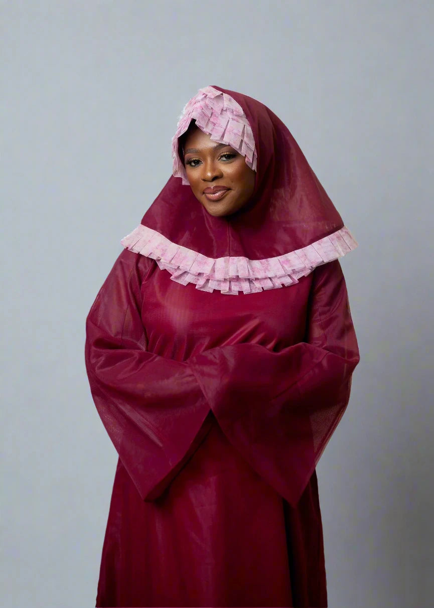 Iman Dress - Wine Tulle Modest Dress with Hijab - Dimaz