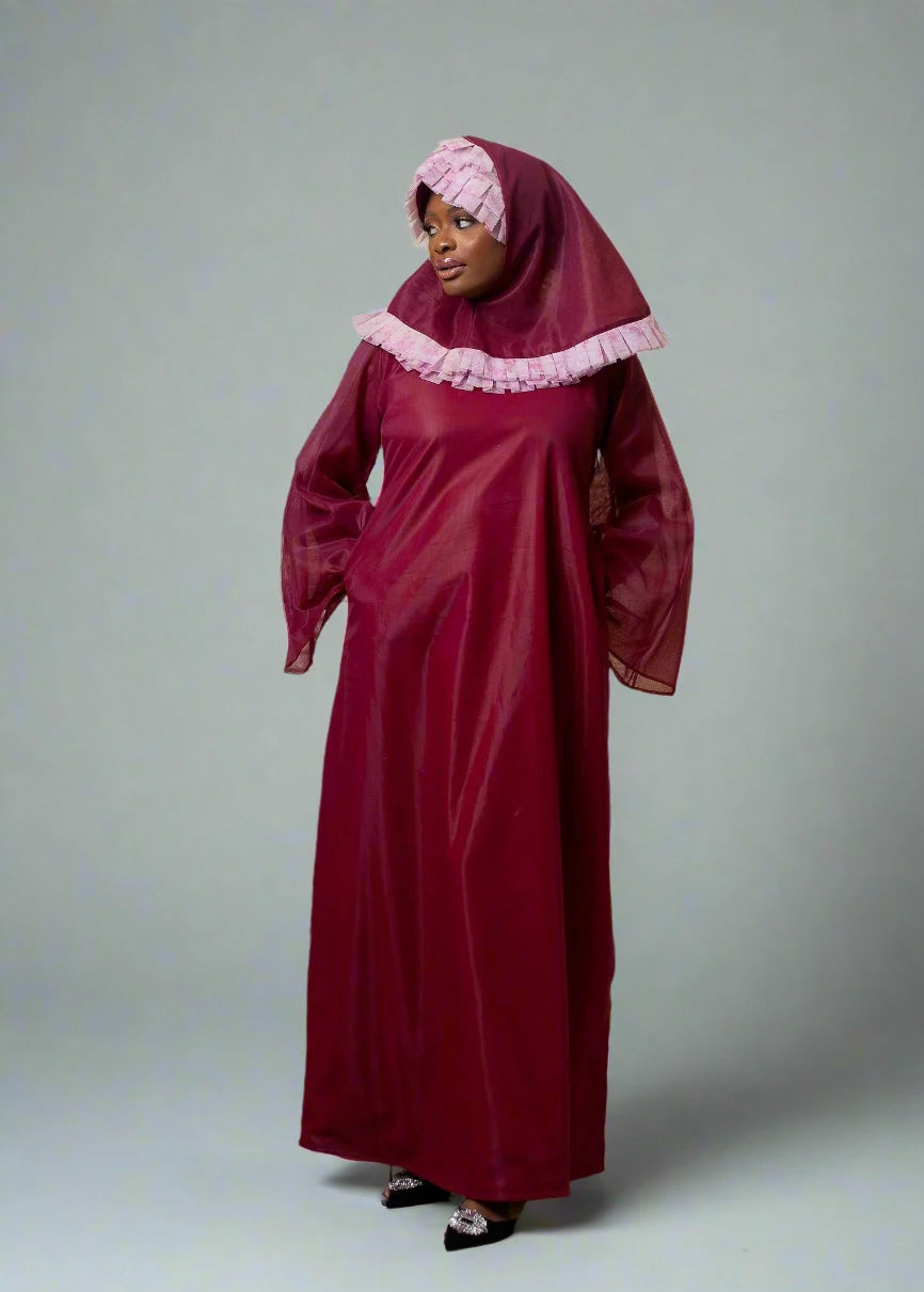 Iman Dress - Wine Tulle Modest Dress with Hijab - Dimaz