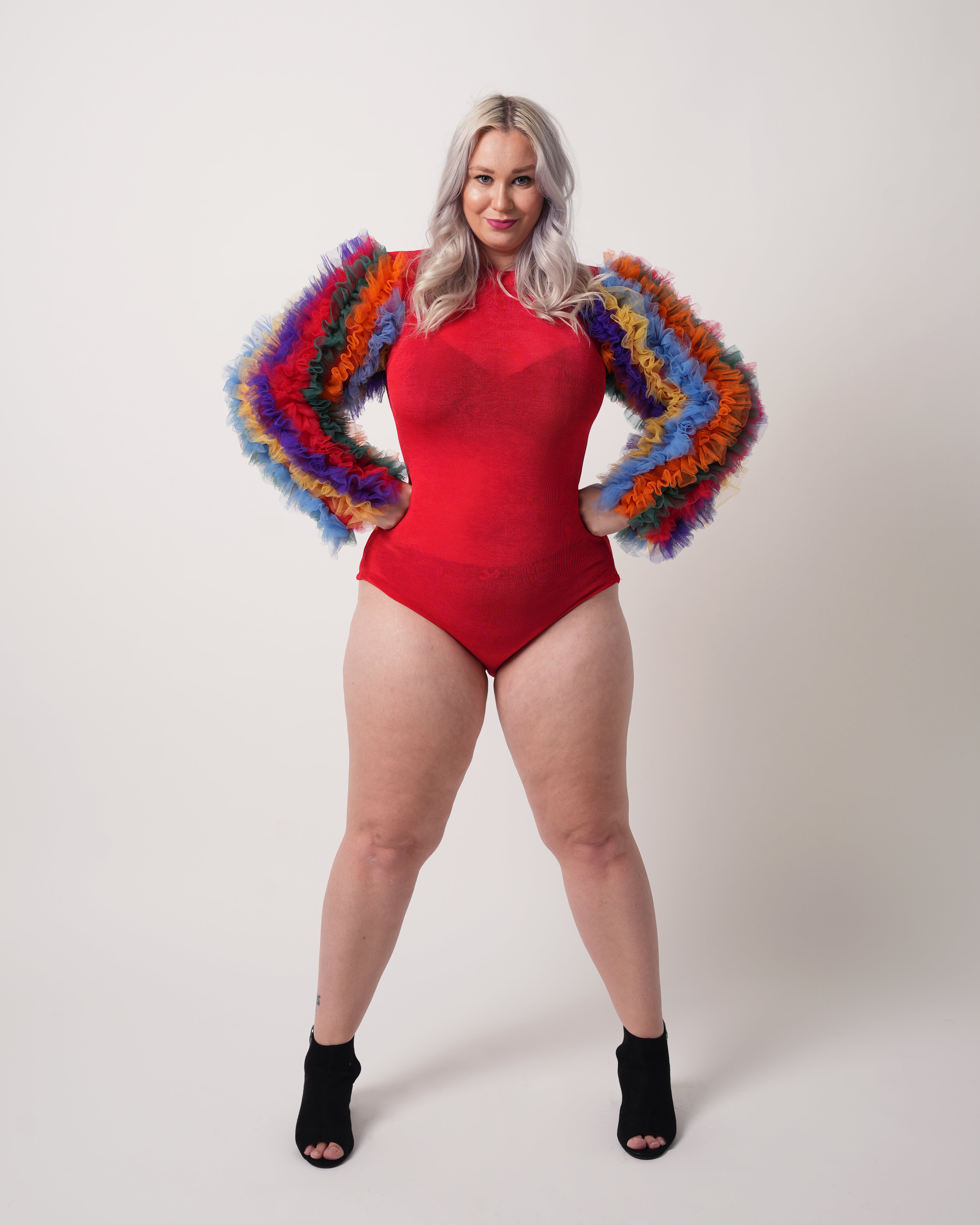 Dimaz Sugar Spectrum Bodysuit styled for party wear, bold rainbow fashion