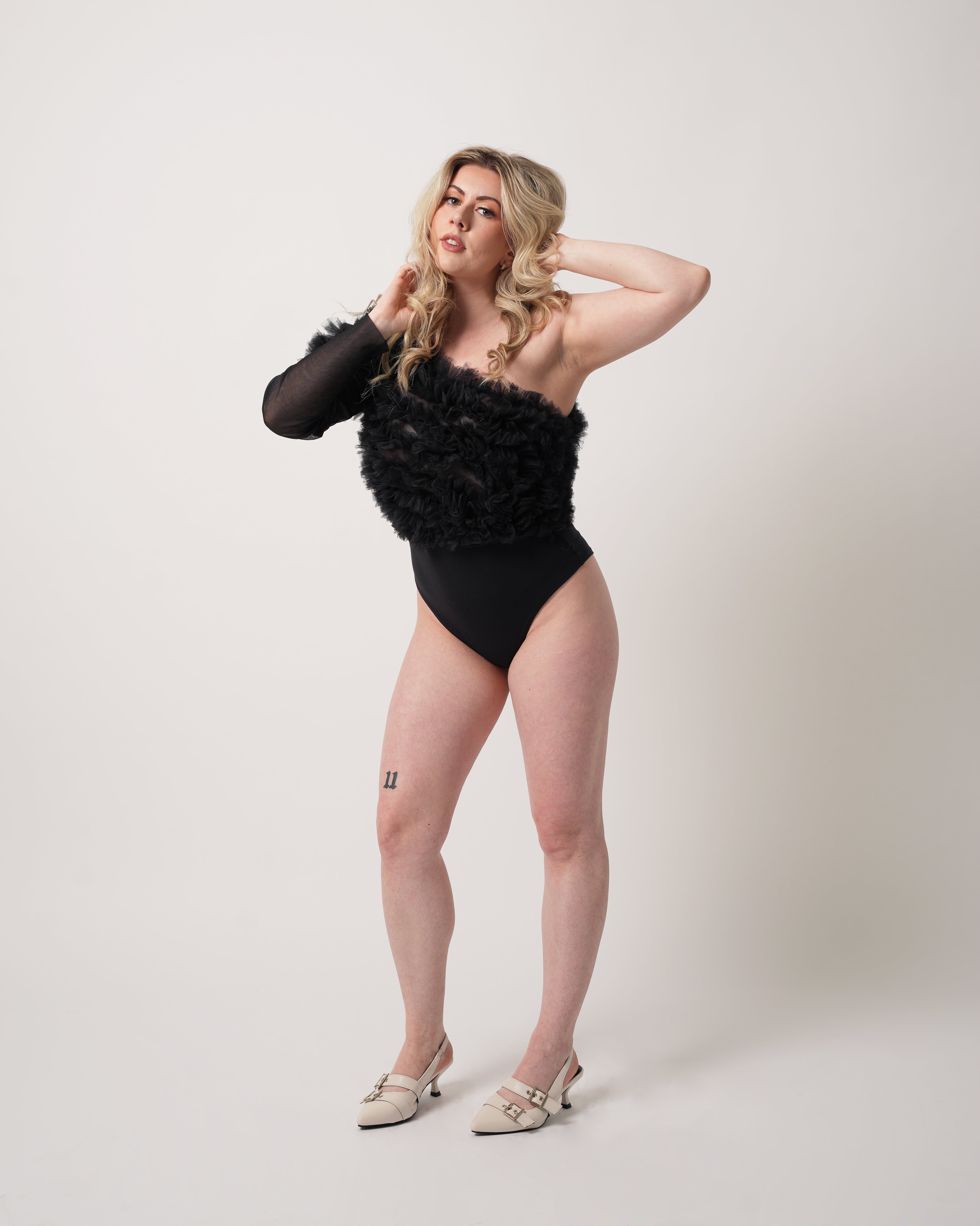 Ukiyo Bodysuit - One Shoulder Tulle Ruffle Bodysuit - Dimaz