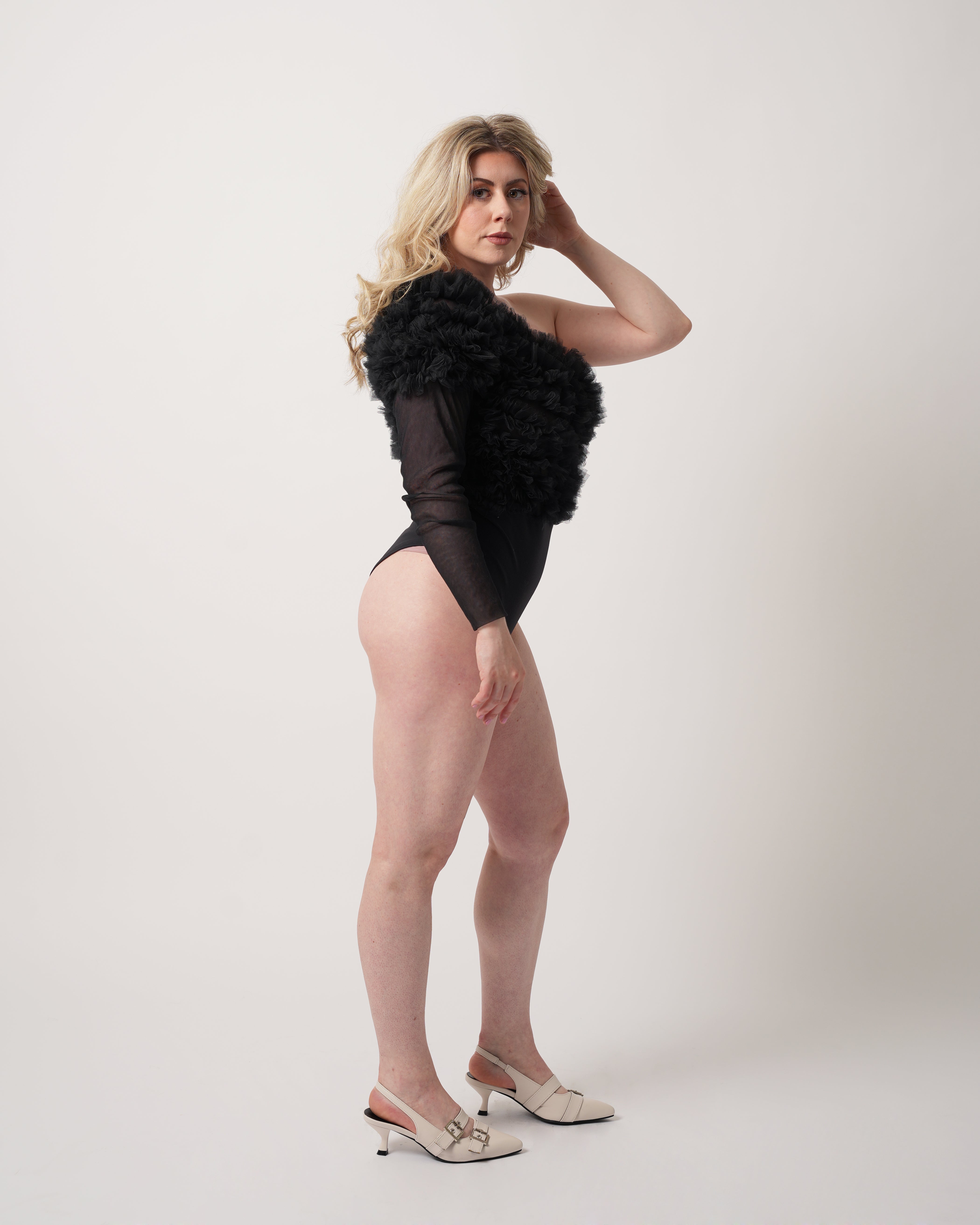Ukiyo Bodysuit - One Shoulder Tulle Ruffle Bodysuit - Dimaz