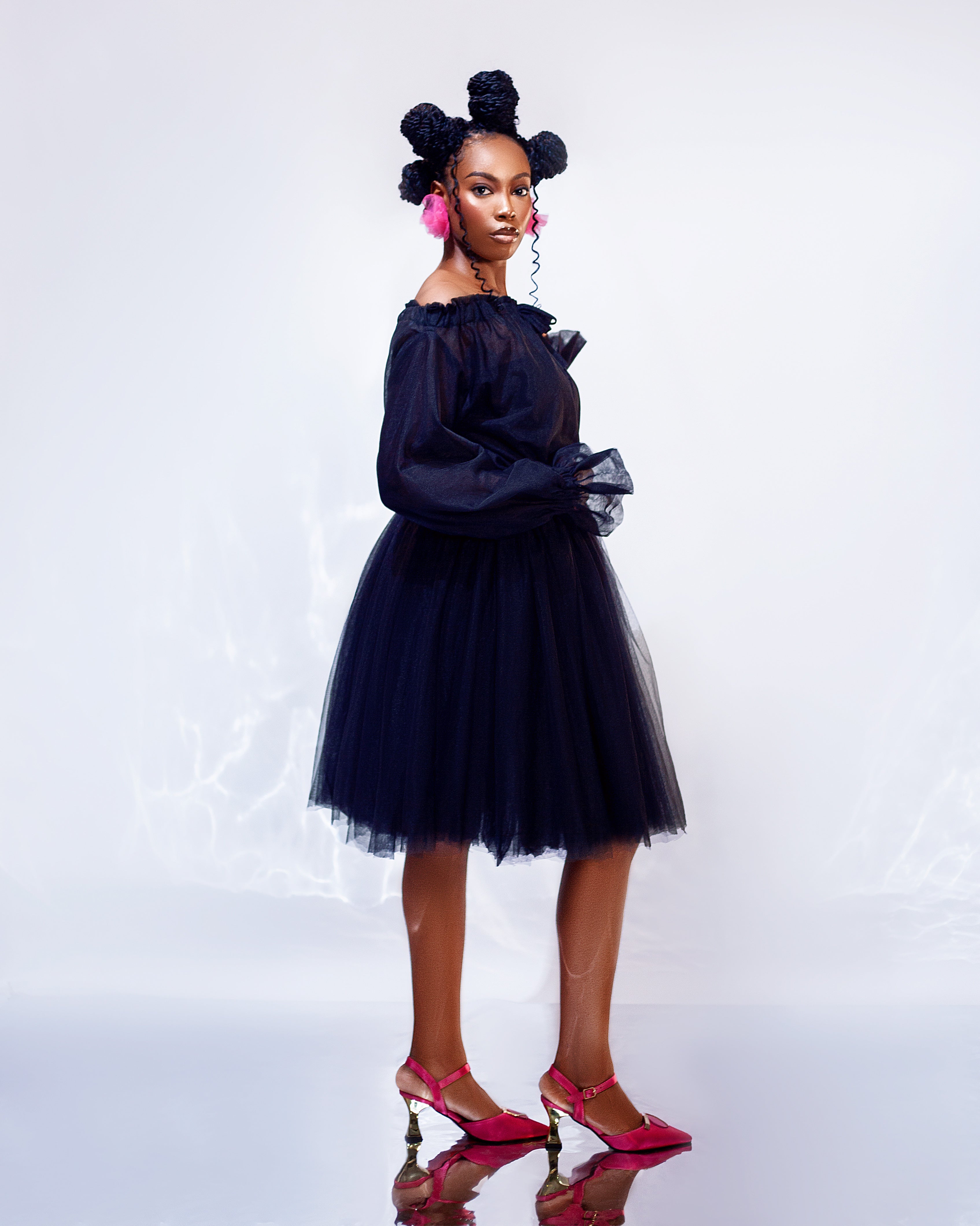 Noir Dress - Off-Shoulder Tulle Statement Dress - Dimaz