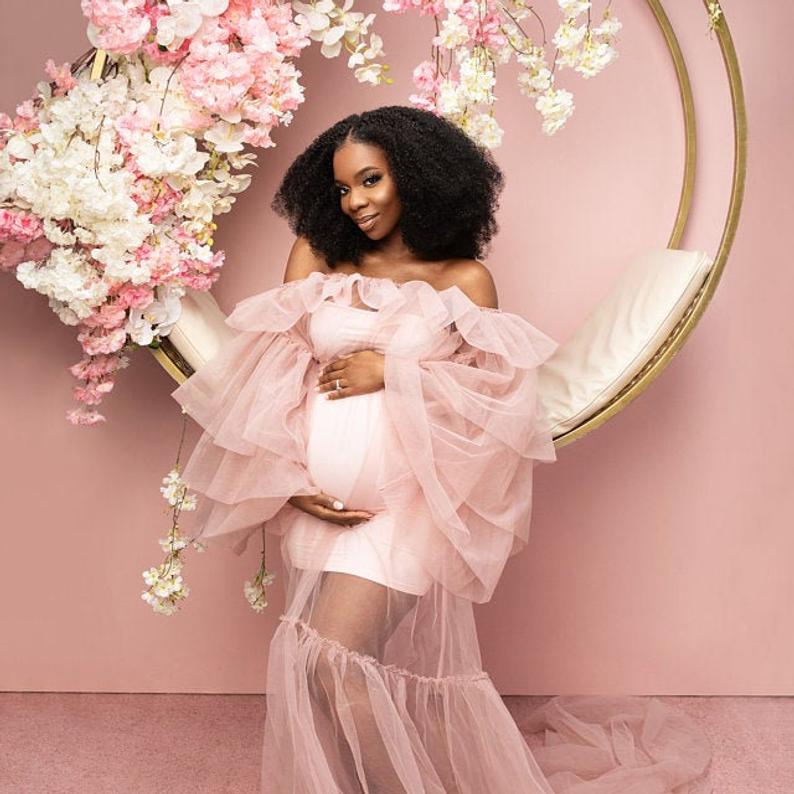 Amber Dress - Off-Shoulder Tulle Maternity Overlay Dress - Dimaz