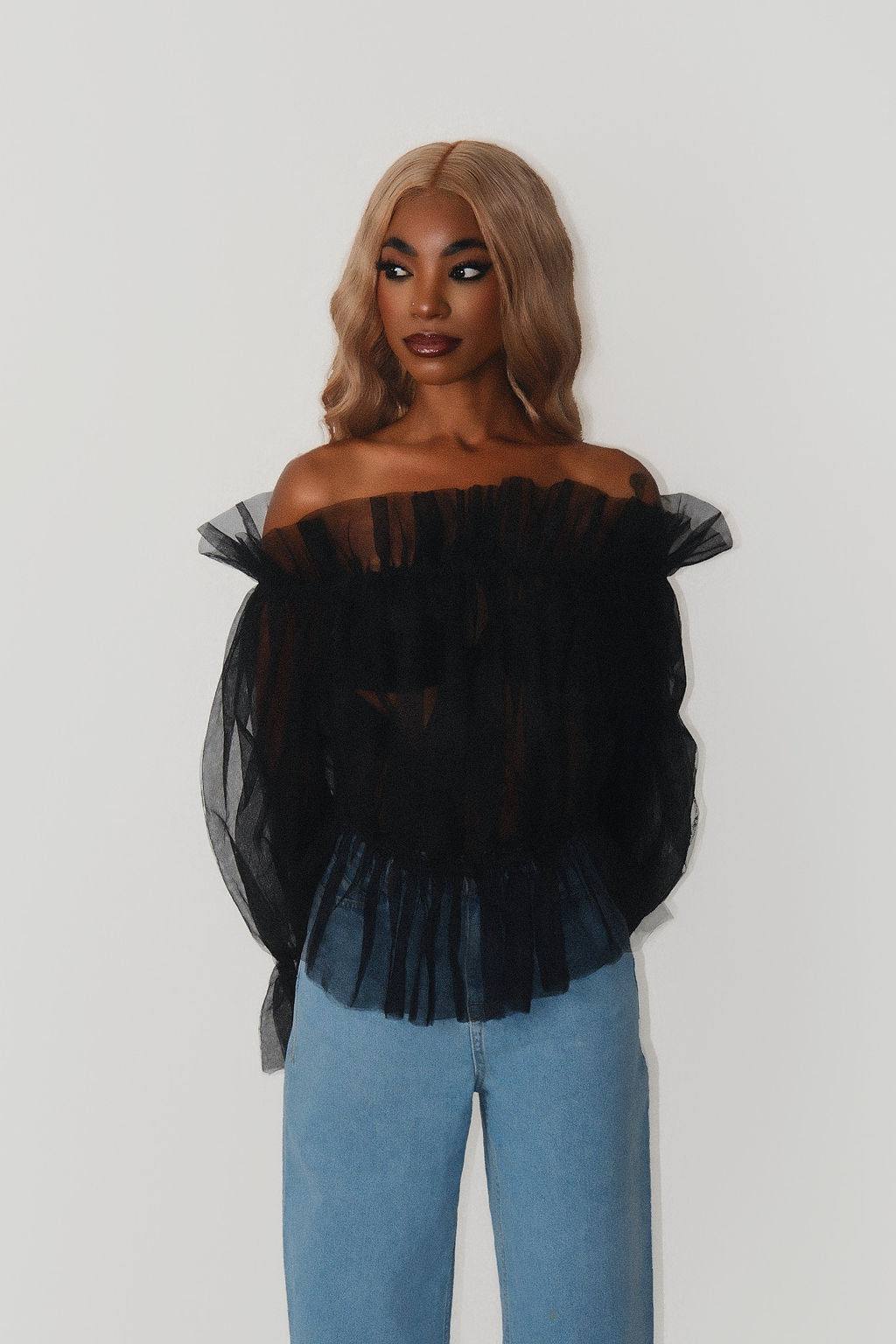 Hey Summer Top - Black Tulle Off-Shoulder Blouse - Dimaz